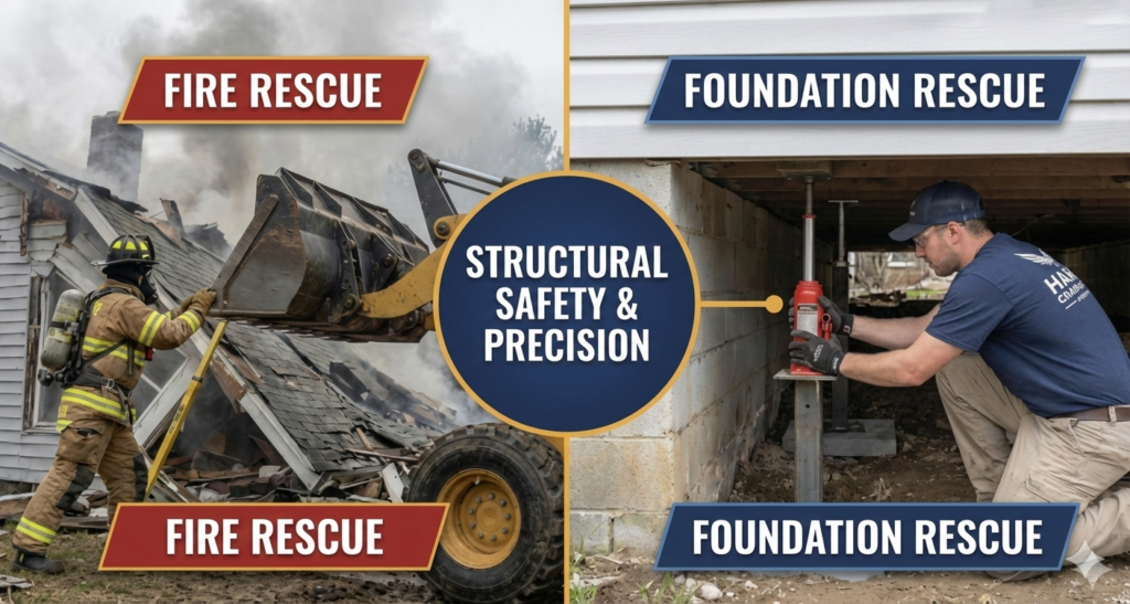 Firefighter conducting fire rescue on damaged home and contractor performing foundation rescue, emphasizing structural safety and precision at Hawk Crawlspace and Foundation Repair.