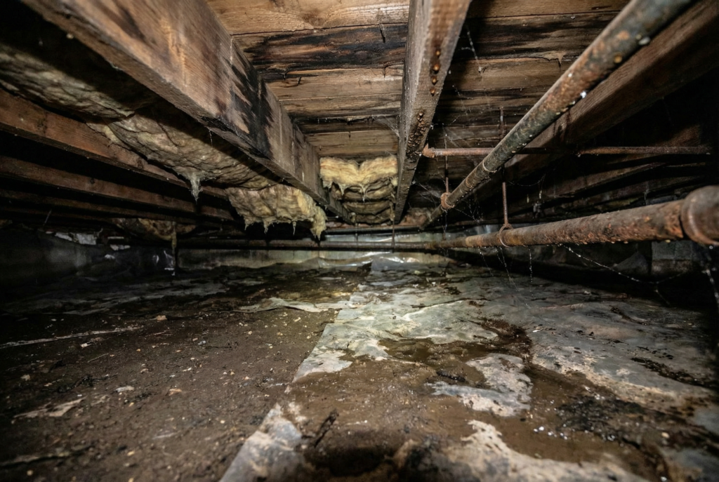 Crawlspace showing moisture issues with damp soil, wooden beams, and insulation, highlighting signs of water damage in Virginia homes.