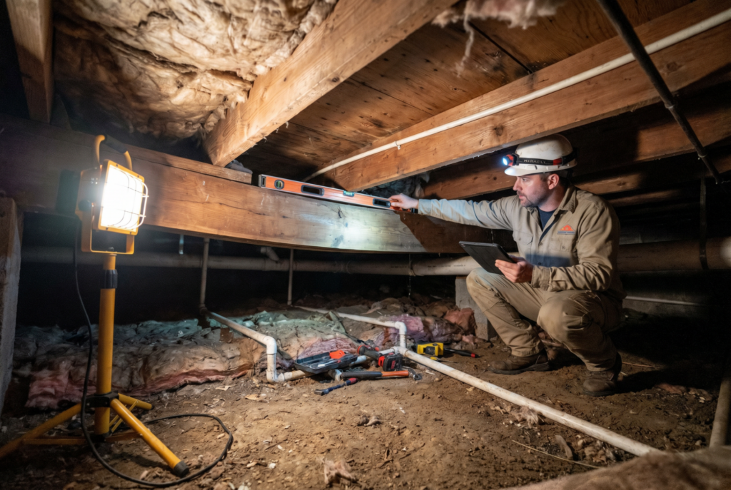 Man in hard hat inspecting crawl space with tablet and level.